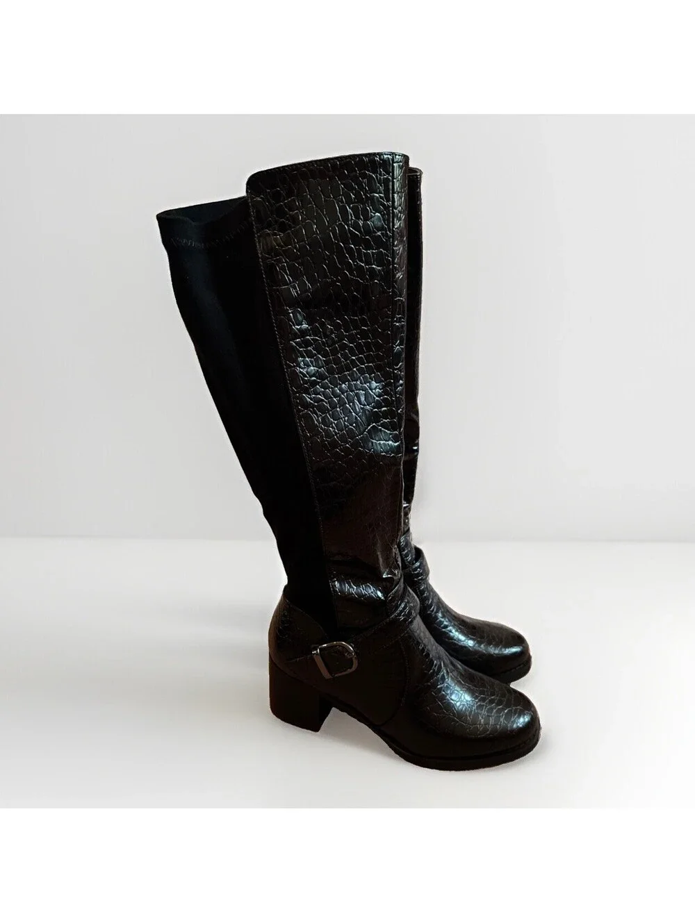 NIB Teaieui Black Knee High Stretchy Biker Boots Block Heel Ladies Size 6